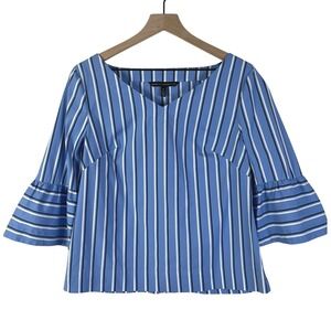 White‎ House Black Market Boho Striped Bell Sleeve Office Blouse V-Neck Blue 8